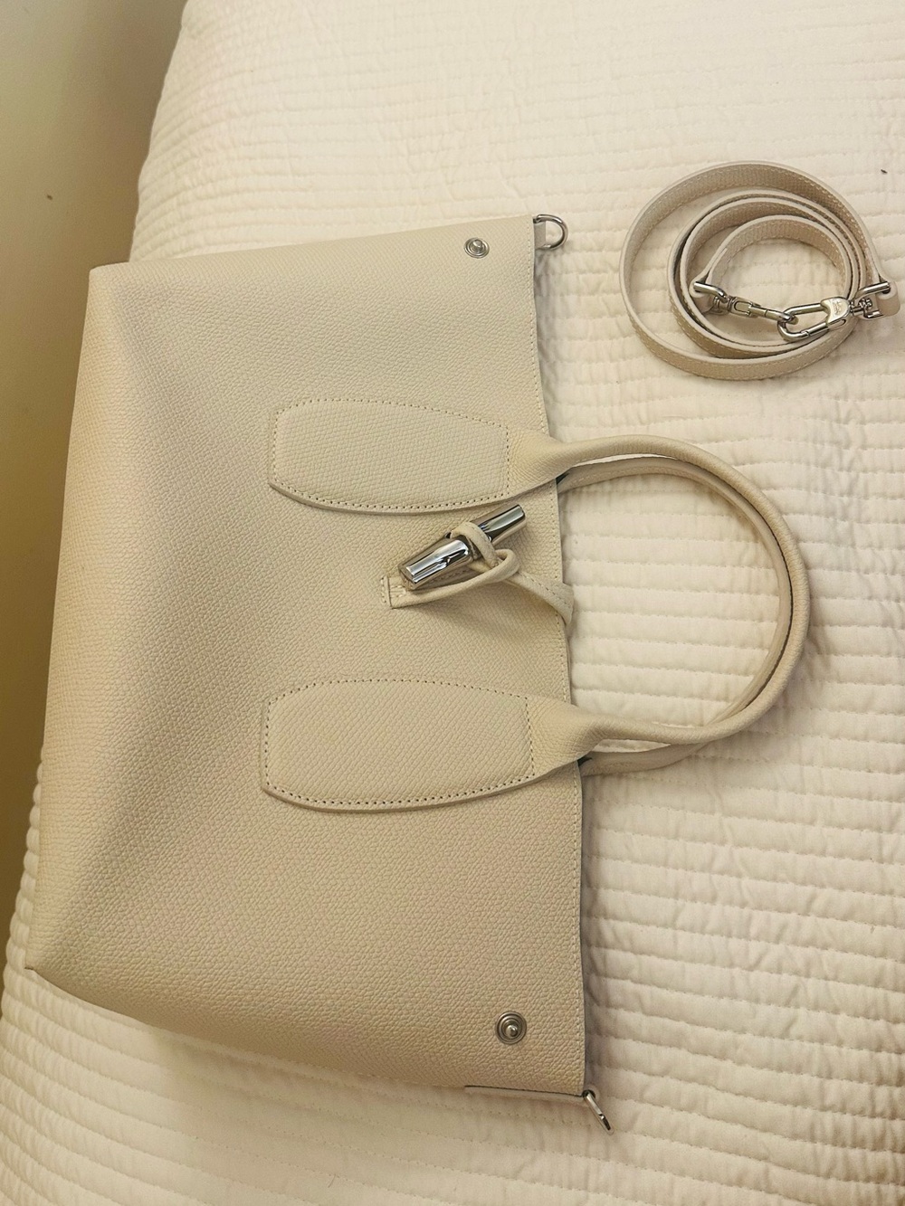 Longchamp Cream Pebbled Leather Tote with Detachable Strap